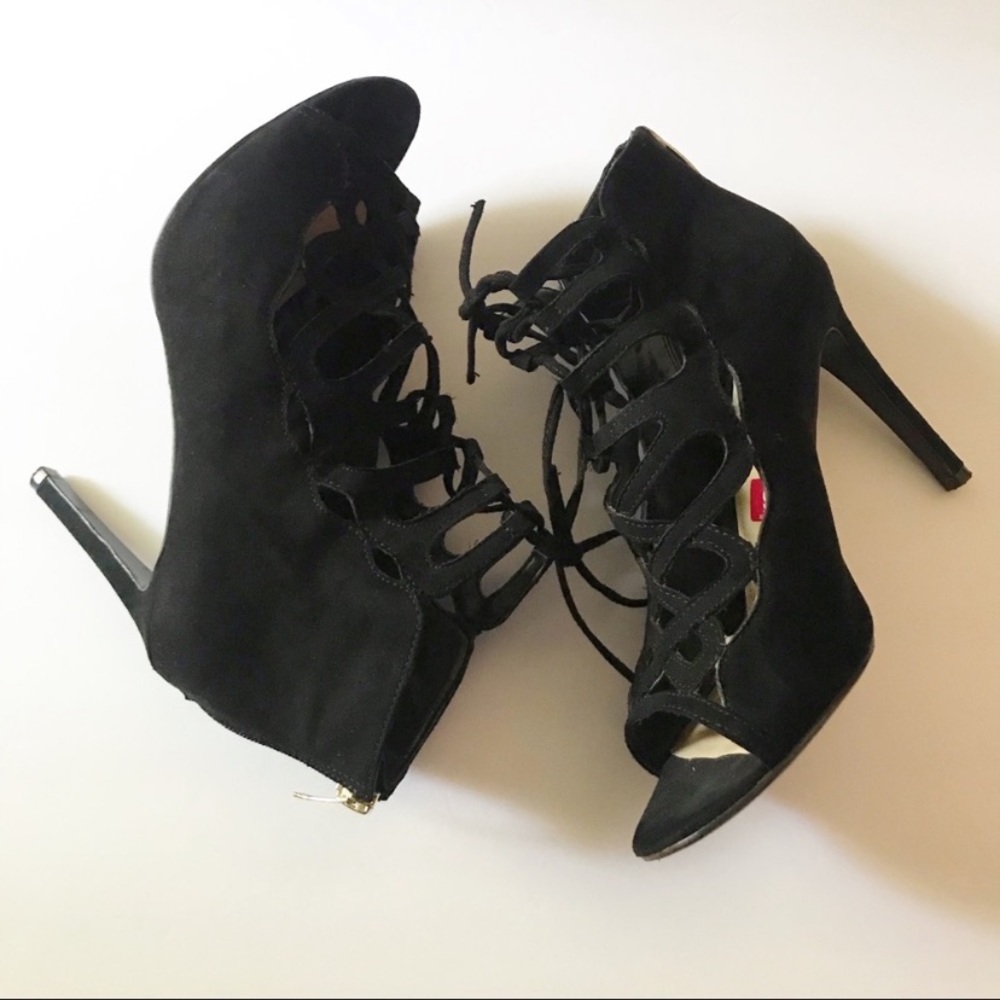 Marc Fisher Black Suede Corset Lace Up Bottie Open Toe  Heel Shoes